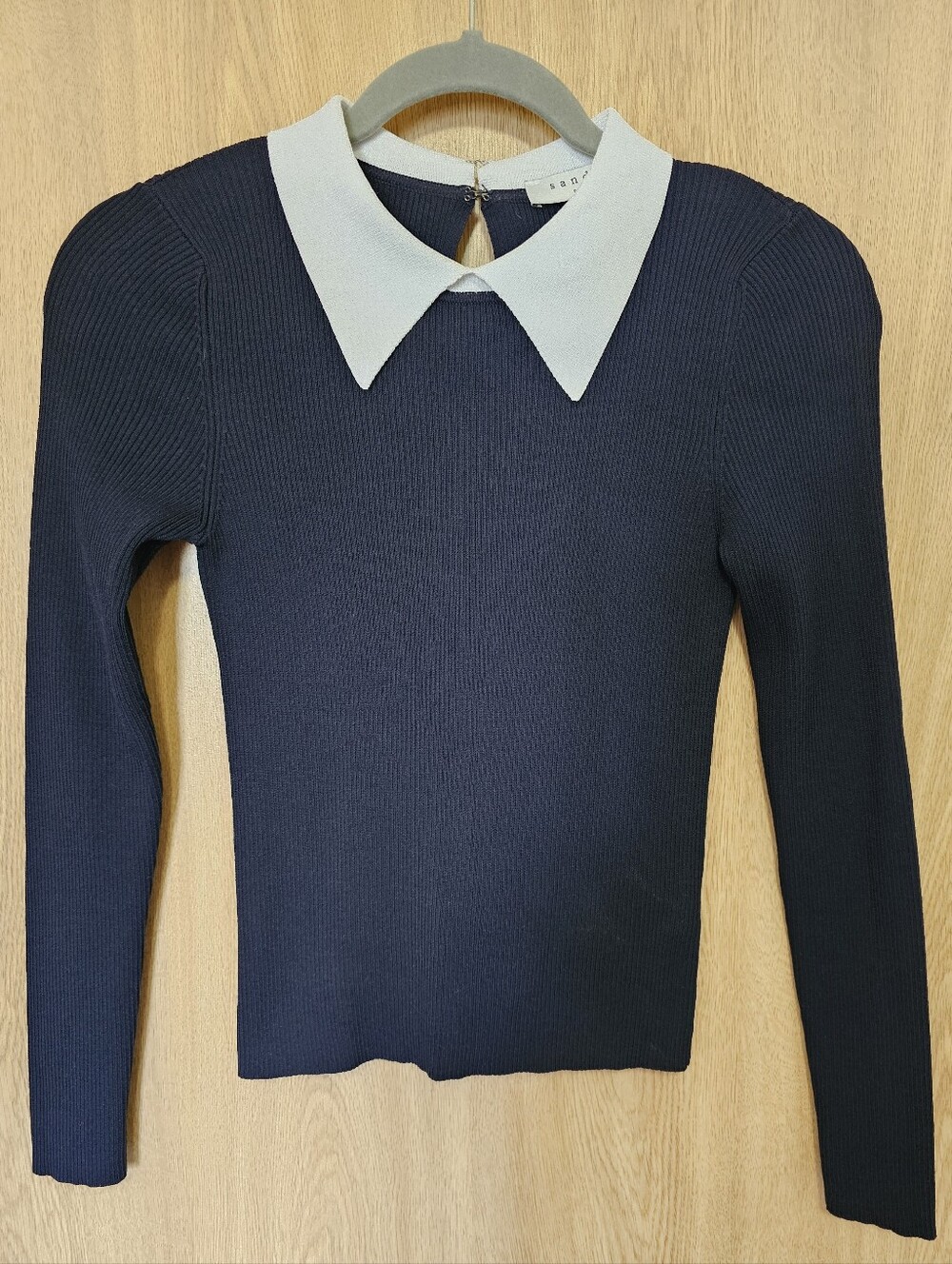 Sandro Blue and White long sleeve Ribbed knit Polo Collar Shirt Size 1 S